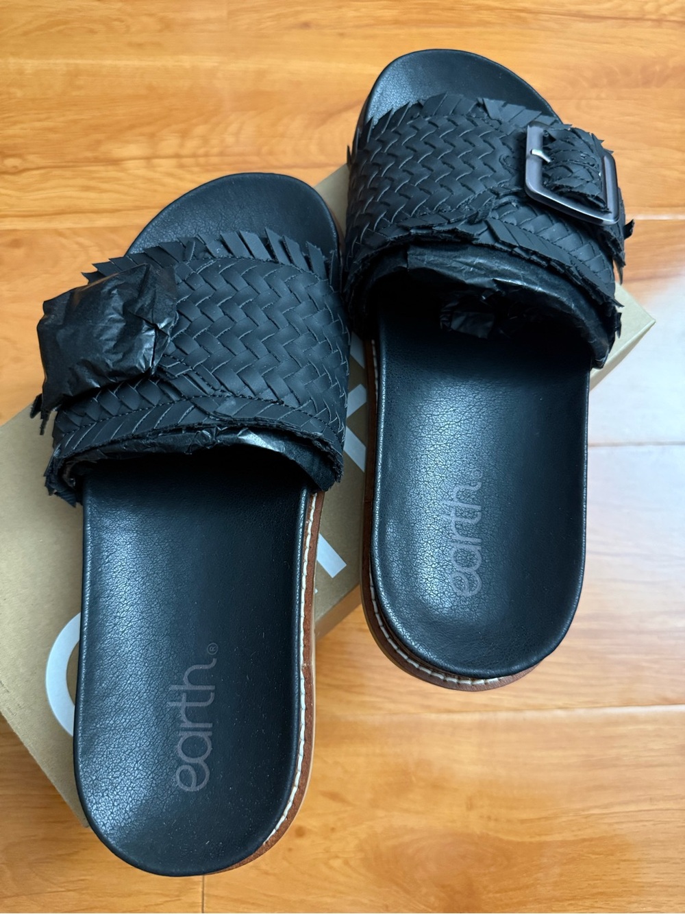 Earth Black Woven Slide Sandals with Buckle Detail